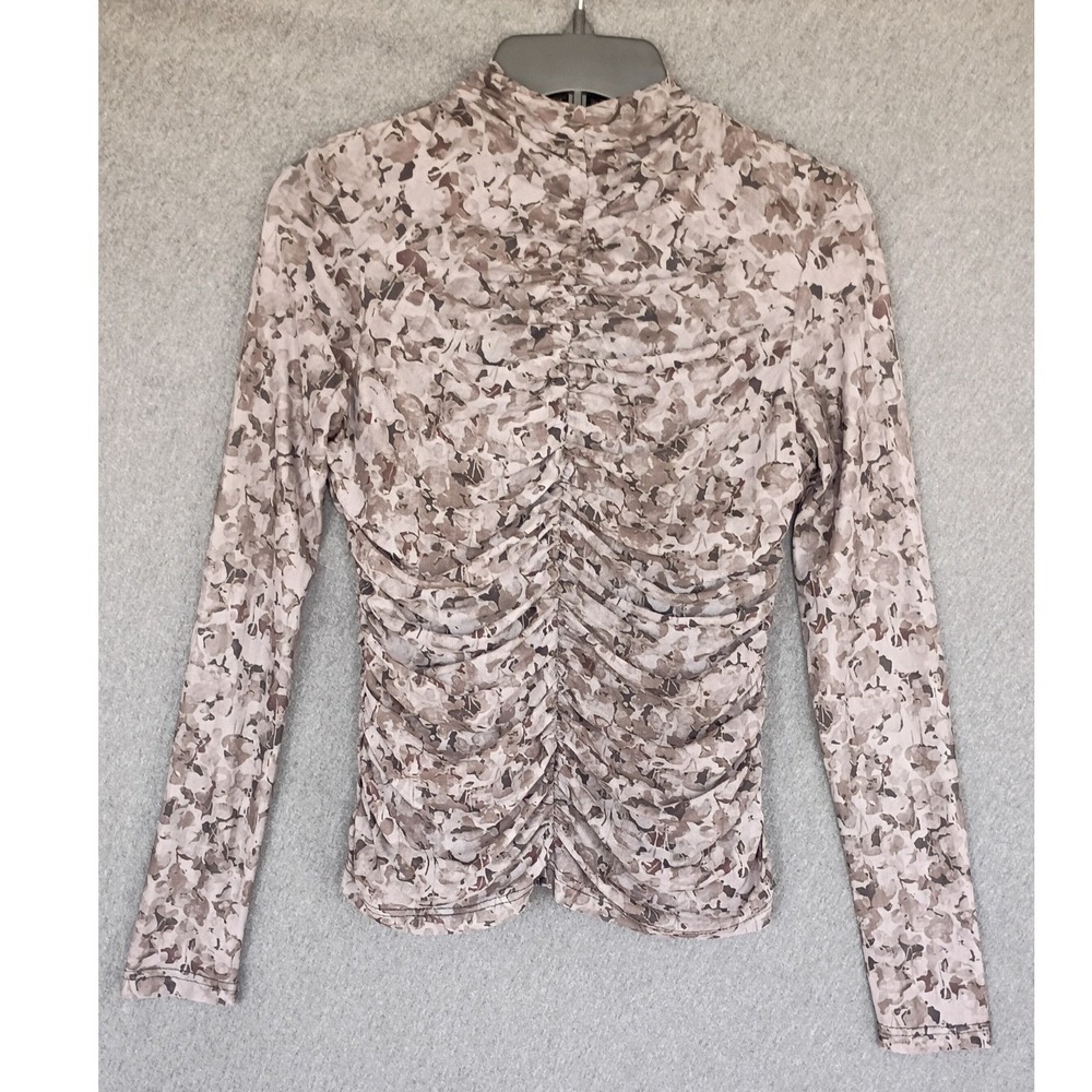 Böhme Womens Ruched Mesh Mock Neck Long Sleeve Top Abstract Floral Gray Medium